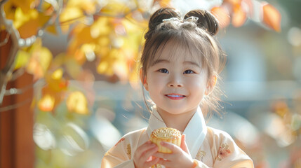 Little chinese girl in traditional kimono holding moon cake, looking at camera, smiling, mid autumn festival in china. Traditional treat yuebing for moon festival