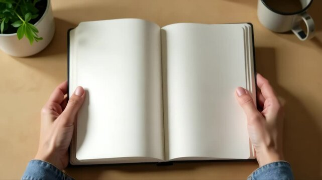 6k Golden hardcover vintage book appear and open with copy space on beige background. Stop motion flat lay
