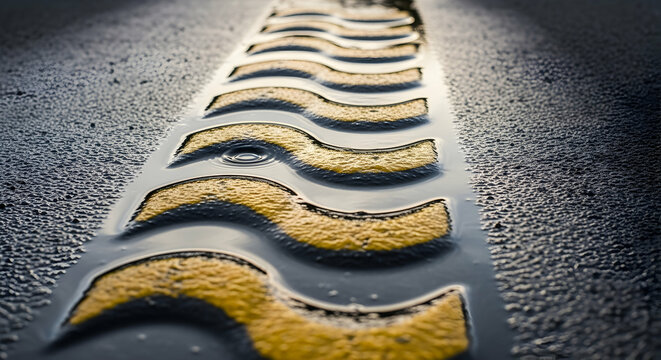 Reflective Road Surface: Wet rumble strips with water reflection on dark asphalt
