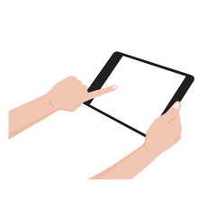 Hand holding digital tablet with blank screen isolated on white background. Vector illustration.