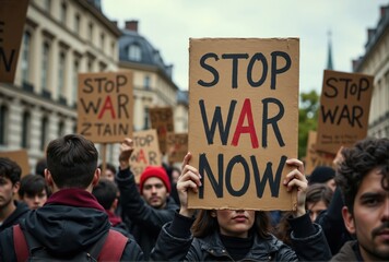 Anti-War Protest with Cardboard Signs in Urban Setting