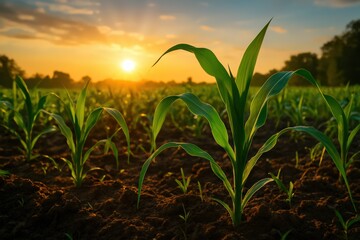 Corn Plants Growing in Field at Sunrise