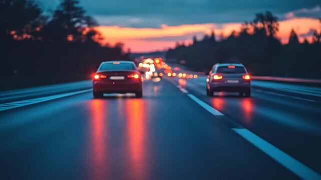 Cars driving on highway at dusk with colorful sky in background