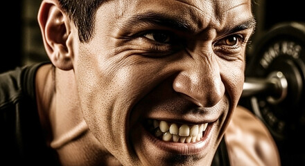Close up of a man grimacing while lifting weights with a barbell in a gym with intense focus shown