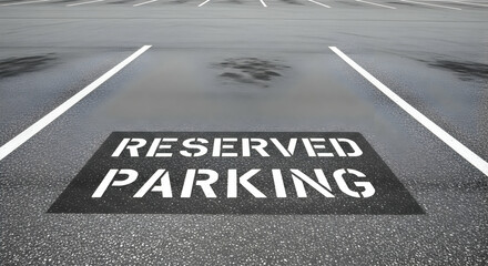 Reserved parking space on asphalt road wet with rain, white lines visible, symbolizing accessibility and planning for the future