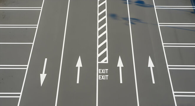 Overhead view of an empty parking lot with directional arrows and exit markings indicating the flow of traffic