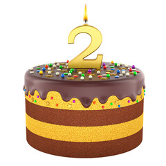 Layered birthday cake with chocolate glaze with burning gold number 2 candle. 3D rendering isolated on transparent background