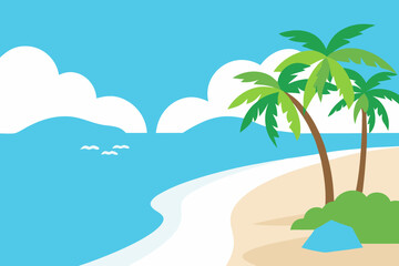 Obraz premium Tropical paradise: sun-drenched beach with swaying palm trees, clear turquoise sea, and golden sand perfect for summer travel