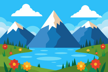 Naklejka premium Mountain landscape with a serene lake, green meadows, and a clear blue sky