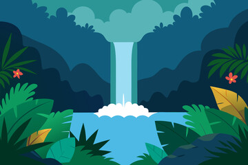 A vector illustration of a vibrant landscape featuring mountains, a city, and a tropical island with trees, green grass, and a sunny sky