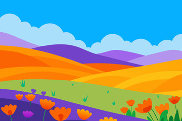 A vibrant spring landscape with a rainbow arches over a green meadow of flowers under a blue sky with clouds and distant hills