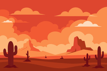 Naklejka premium Vibrant desert sunset vector illustration with silhouetted mountains, cactus, and a camel against an orange sky