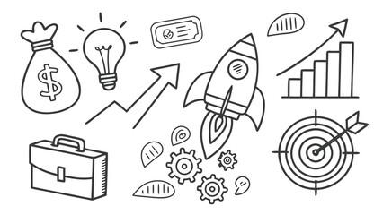 Business Money Sketch Icon Set Hand Drawn Startup Growth Chalkboard Vector