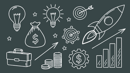 Business Money Sketch Icon Set Hand Drawn Startup Growth Chalkboard Vector