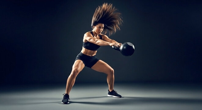 A woman in sportswear is swinging a kettlebell with her hair flying in a dark studio environment