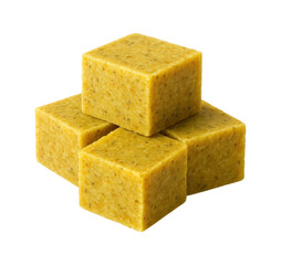 Four Golden Bouillon Cubes for Cooking, Soup, and Broth Preparation, Stock Seasoning Cubes for Culinary Use, Isolated on Transparent and White Background