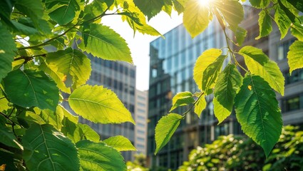 Sunlight streams through green leaves, with modern buildings in the background, creating a fresh, vibrant urban scene.
