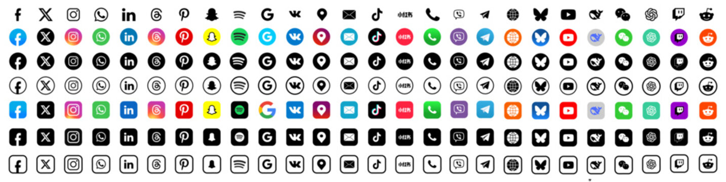 Social media network logo icon vector button set 2024. Instagram Facebook X TikTok WhatsApp LinkedIn YouTube Threads Spotify Google VK Phone call Email map pin Chatgpt Microsoft copilot.