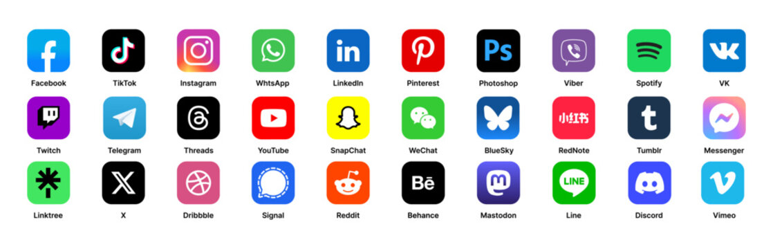 Social media network logo vector icon set 2025. High resolution square icons with names. Instagram, Facebook, WhatsApp, LinkedIn, X , TikTok, BlueSky, YouTube, WeChat, Discord, Twitch, RedNote, Reddit
