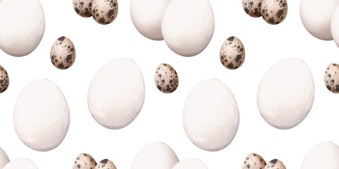 Chicken and quail eggs seamless pattern on a white background watercolor illustration. Eggs of different sizes and colors: some are white, others are brown. Ornament from fresh farm products