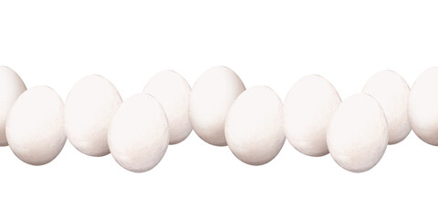 White chicken eggs seamless pattern watercolor illustration. Ornament of eggs in shells arranged in a row. Background for grocery store, labels, packaging
