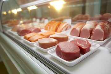 Selection of Fresh Raw Meat Displayed in a Butcher Case