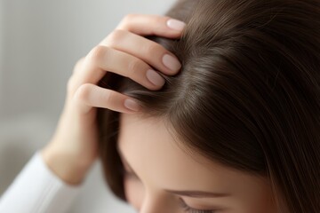 Naklejka premium Young Woman With Hair Loss Gently Touching Her Scalp in a Calm Setting