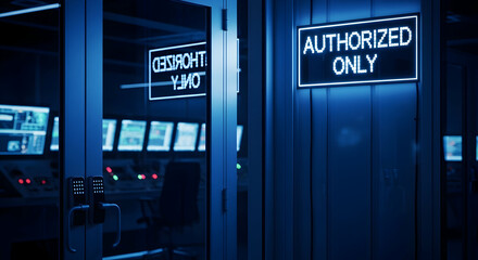 Restricted access to high-tech control room with multiple screens displaying complex data  security measure is important