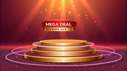 Bright red podium stage design with glowing stars and motion blur