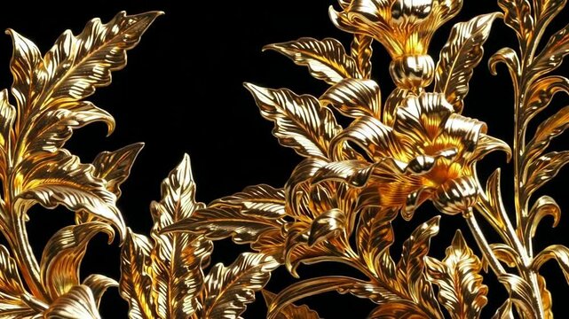 Golden floral elegance: luxurious metallic flower blooms in motion against black backdrop