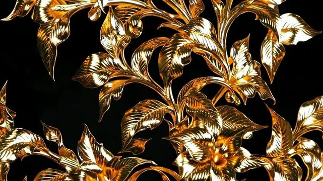 Glimmering golden leaves dance on black background