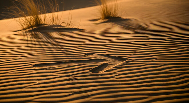 Rhythmic Sand Dunes With Grass And Intriguing Shadow Patterns Under Golden Light