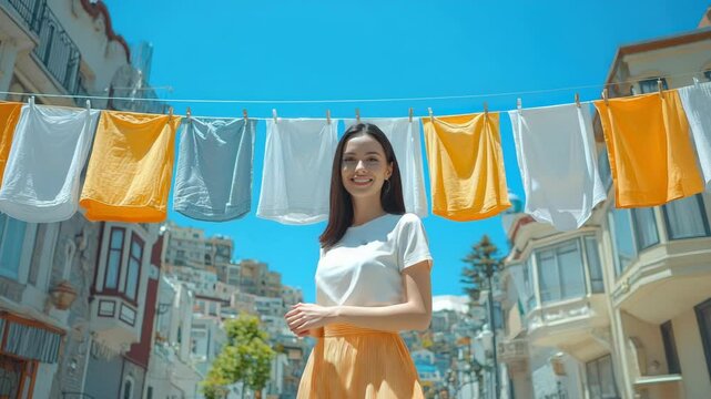 Woman looking up at clothesline on a sunny day