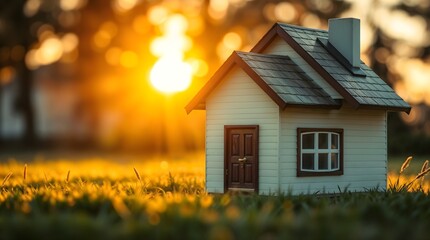 Miniature House in Sunset Field – Cozy Tiny Home in Golden Hour Light