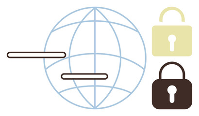 Globe outlines with two horizontal lines symbolizing data transfer paired with two padlocks indicating online security, encryption. Ideal for cybersecurity, privacy, global connectivity, data