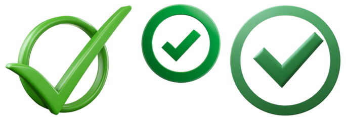 Three green checkmark icons with varying styles on transparent background, symbolizing approval, success, and validation, clean, modern, and vibrant design