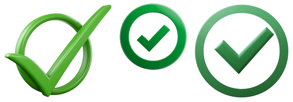 Three green checkmark icons with varying styles on transparent background, symbolizing approval, success, and validation, clean, modern, and vibrant design