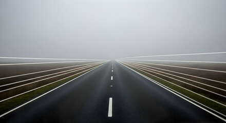 Road Disappearing Into Foggy Horizon With Lines In Minimalist Style