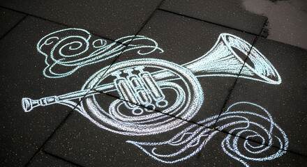 Sidewalk Serenade French Horn Chalk Art on Dark Pavement Background
