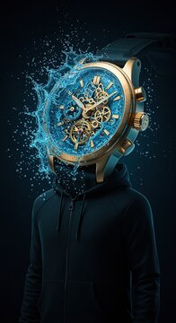 Time Flies A conceptual image of a person with a clock for a head, surrounded by a splash of water illustrating the fleeting nature of time.