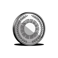 Silver coin design with decorative elements and Greek pattern, single object, copy space