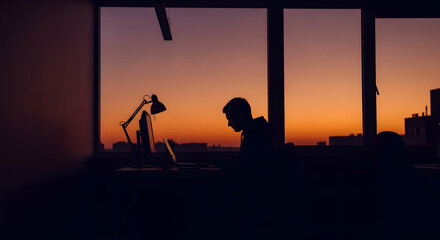 Silhouette of a man working on a computer at sunset with dramatic sky view background