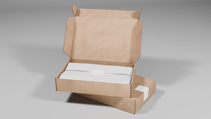 3D render mockup of open cardboard shipping box with blank white label tags on neutral background