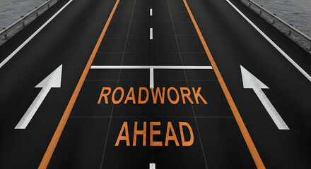 Roadwork Ahead Signage on Highway with Arrows and Lane Markings Implies Traffic Changes
