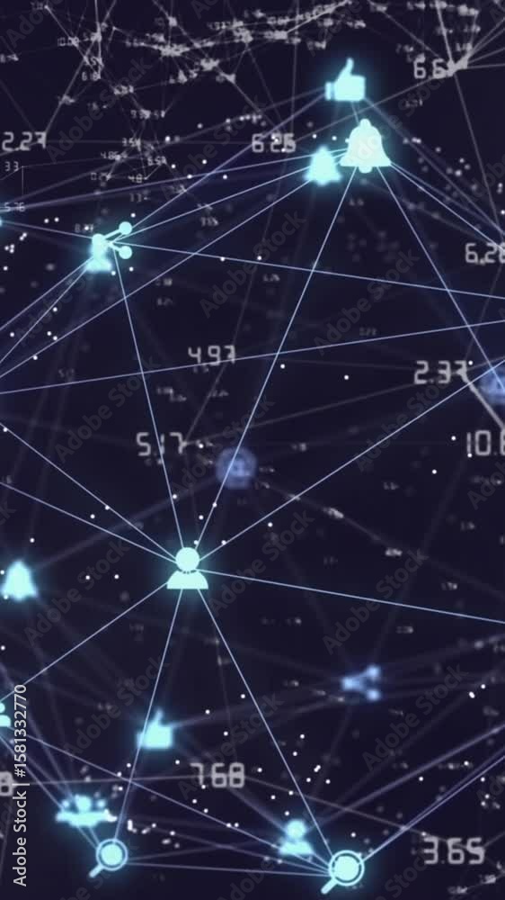 Poster animation of digital computer icons and numbers interconnecting with lines forming globe