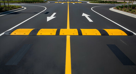 Road Markings And Speed Bump At Intersection Guiding Vehicles With Arrows