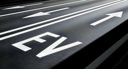 Road markings and direction indicators on a freshly paved asphalt surface highway