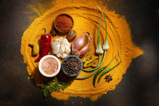 Spices on a bed of turmeric 