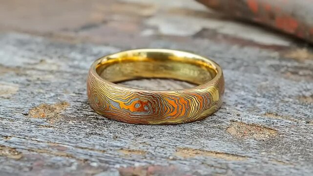 Gold and copper damascus ring on wood