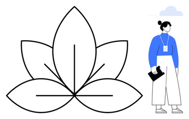 Woman in blue top holding clipboard beside a line-art lotus figure. Ideal for wellness, mindfulness, personal growth, balance, calm, simplicity, health. A simple flat metaphor